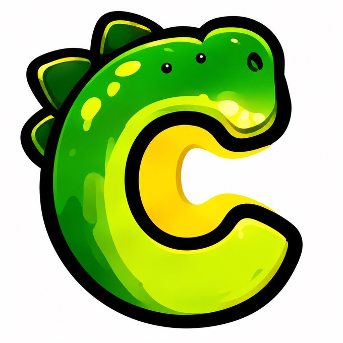 A cartoon illustration of the letter 'C' designed to look like a green dinosaur with yellow spots and a spiked back.