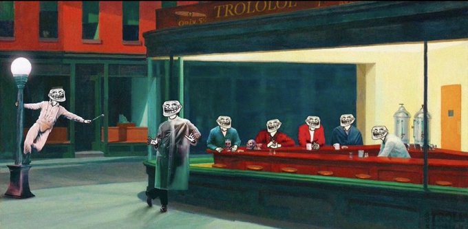 An artwork parodying Edward Hopper's 'Nighthawks' depicts the diner patrons with troll faces, with a sign reading 'TROLOLOL' above the scene.