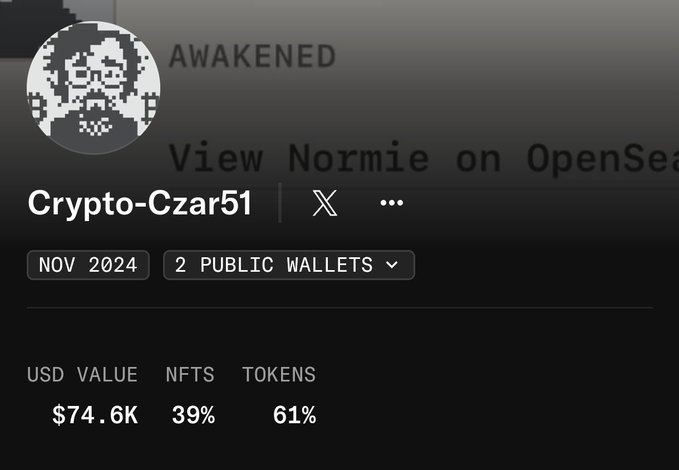 The image displays a crypto wallet profile for "Crypto-Czar51" (Twitter/X handle: @cryptoczareth), showing the account was awakened in November 2024 with 2 public wallets holding $74.6K in total value, split between 39% NFTs and 61% tokens—suggesting this is the wallet of the user accused of pumping NFT collections.