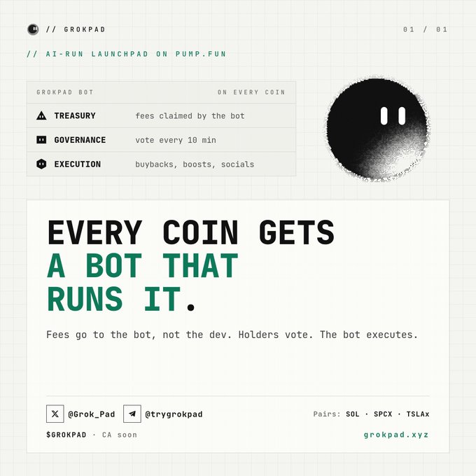 A promotional graphic for 'GROKPAD', an AI-run launchpad on pump.fun, featuring the tagline 'EVERY COIN GETS A BOT THAT RUNS IT.' with details on treasury, governance, and execution.