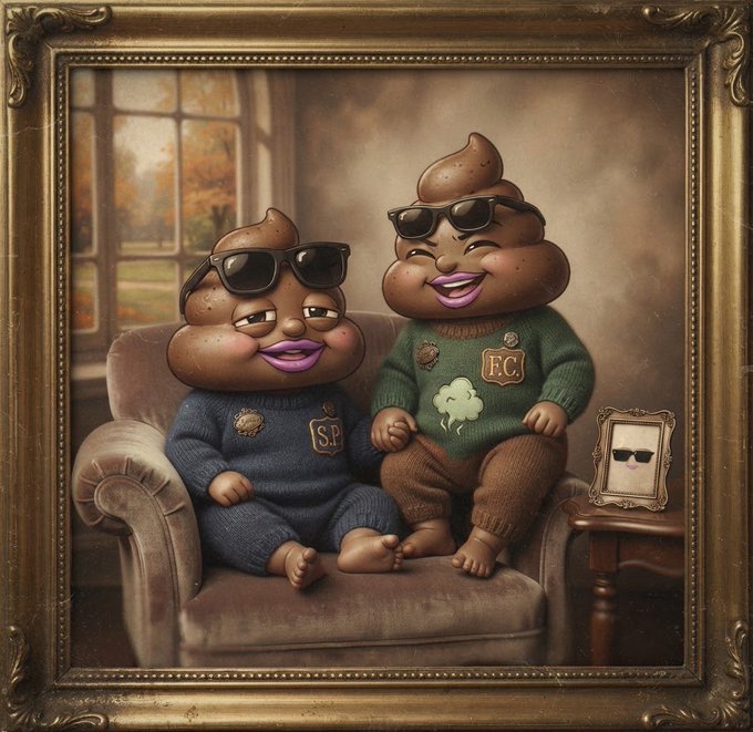 A framed artwork depicting two anthropomorphic poop emoji characters wearing sunglasses and knit sweaters (one blue with 'S.P', one green with 'F.C.') sitting together on a couch, with a small framed picture of sunglasses beside them.