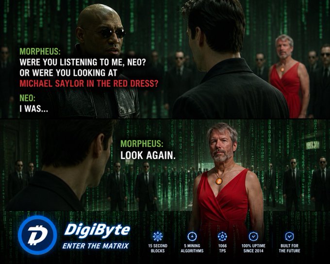 A Matrix movie meme featuring Morpheus questioning Neo about 'MICHAEL SAYLOR IN THE RED DRESS' (replacing the woman in red), used as an ad for DigiByte cryptocurrency.