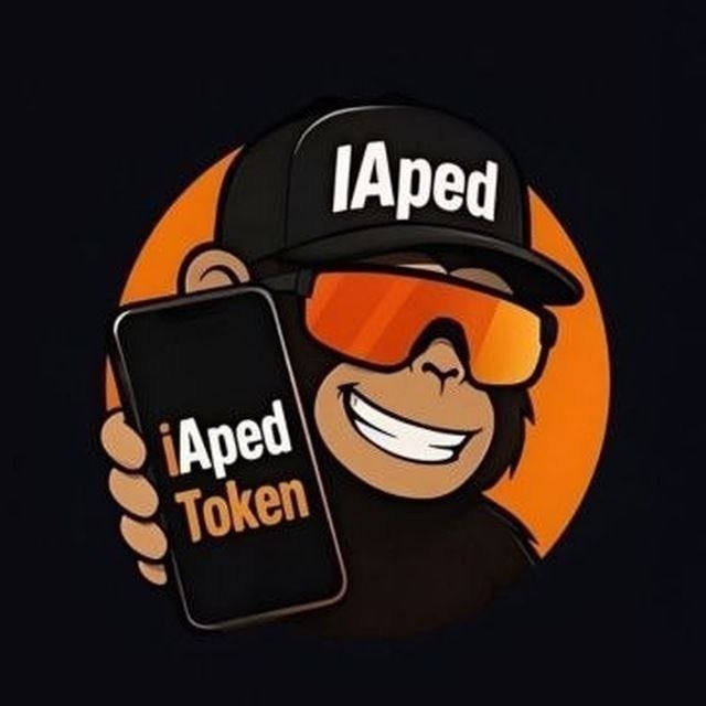 A cartoon monkey wearing a black "IAped" cap and orange sunglasses holds a phone displaying "iAped Token," serving as the mascot for the $IAPed cryptocurrency project being highlighted for its 7-month community milestone.