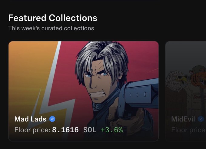 A 'Featured Collections' interface displaying an NFT collection called 'Mad Lads' with anime-style character art and a floor price of 8.1616 SOL.