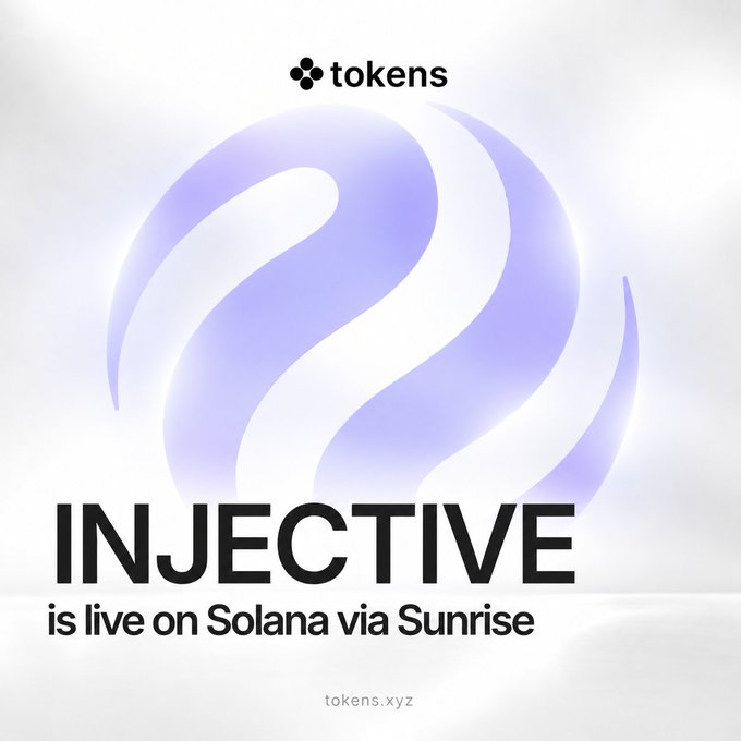 A white promotional graphic with a purple logo reads 'INJECTIVE is live on Solana via Sunrise' with the tokens.xyz branding.