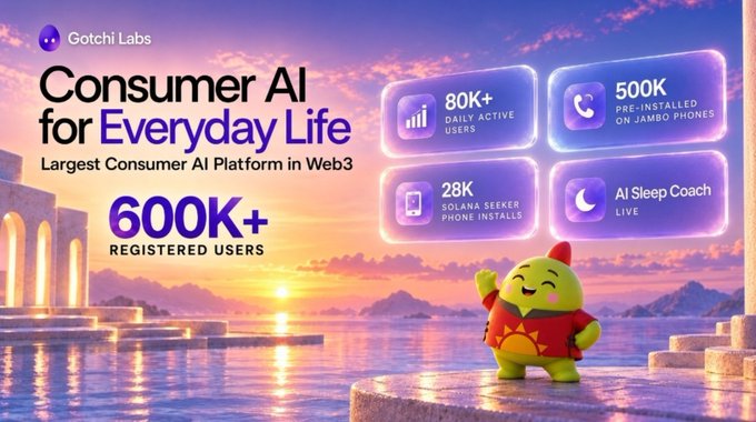 A promotional graphic for Gotchi Labs advertising 'Consumer AI for Everyday Life' as the 'Largest Consumer AI Platform in Web3' with 600K+ registered users, 80K+ daily active users, 500K+ pre-installed on Jambo phones, 28K Solana Seeker phone installs, and an AI Sleep Coach live, featuring a cartoon character in front of a sunset seascape.