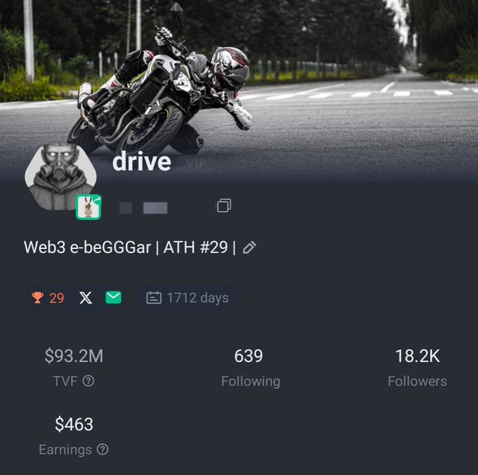 A Web3 profile on a platform called 'drive' shows a user named 'Web3 e-beGGGar | ATH #29' with a motorcycle rider profile picture, displaying $93.2M TVF, 18.2K followers, and $463 in earnings.