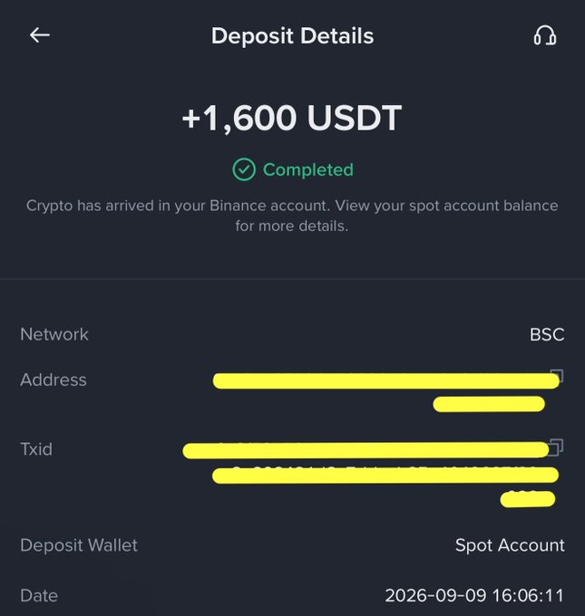 A mobile screenshot showing a completed cryptocurrency deposit of '+1,600 USDT' on the Binance exchange via the BSC network, with sensitive address details highlighted in yellow.
