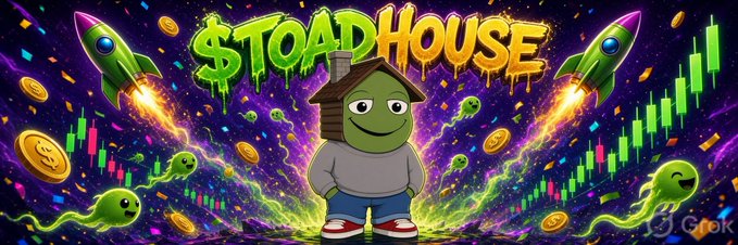 Colorful promotional banner for '$ToadHouse' featuring a green frog/toad character in a hoodie between two launching rockets, with cryptocurrency coins and a green stock chart in the background.