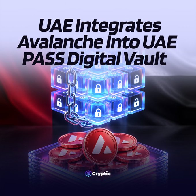 A promotional graphic featuring a 3D illustration of red Avalanche (AVAX) coins beneath glowing blue padlock cubes wrapped in chains, overlaid with the headline "UAE Integrates Avalanche Into UAE PASS Digital Vault" — visually representing the partnership to bring AVAX into the UAE's government document storage infrastructure serving 11M+ users.