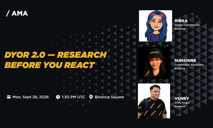 The image is a promotional graphic for a Binance AMA titled "DYOR 2.0 — RESEARCH BEFORE YOU REACT," featuring hosts RIBKA (Global Community, Binance), SUNSHINE (Community Associate, Binance), and VENKY (Arch Angel, Binance), scheduled for Mon, Sept 28, 2026 at 1:30 PM UTC on Binance Square, directly corresponding to the post thanking these three hosts for their educational AMA on protecting wallets from scams.