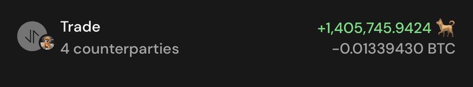A dark interface displaying a Trade transaction summary with 4 counterparties, showing a gain of +1,405,745.9424 and a loss of −0.01339430 BTC alongside a Shiba Inu dog emoji.