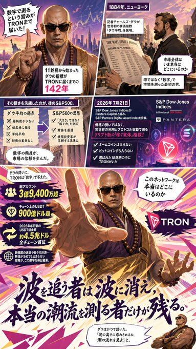 A vibrant anime-style infographic illustrates TRON's "ChibiKuro TV" narrative, tracing the Dow Jones' evolution from its 1884 origins with just 11 stocks to its 2026 inclusion in the S&P Dow Jones Indices as the "TRON Index," highlighted by metrics like 3.4 billion total accounts and a market cap of $4.5 trillion alongside the "波を追う者は波に消え、本当の潮流を測る者だけが残る" tagline.