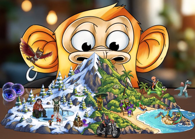 A whimsical cartoon scene showing a large orange monkey face peering over a detailed miniature diorama that includes a snowy mountain, a green island with a dragon, characters, and a motorcycle.