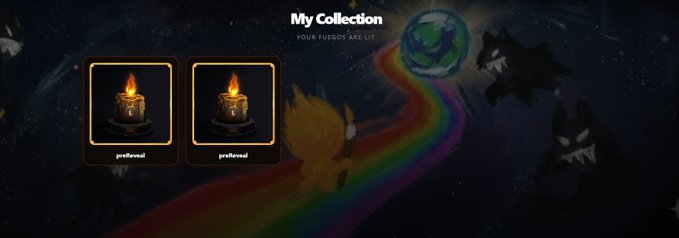 A screenshot showing a "My Collection" page with two identical preferred Fuego NFT tokens displayed as lit candles against a cosmic background featuring a rainbow, Earth, and silhouetted creatures. The accompanying Turkish post describes minting the Fuego community NFT after receiving thousands of dollars in airdrops from Lighter.xyz.