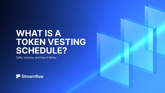 A blue gradient graphic titled "WHAT IS A TOKEN VESTING SCHEDULE? Cliffs, Unlocks, and How It Works" by Streamflow, featuring three translucent blue panels resembling a rising bar or step chart on the right—visually representing the staged, uneven unlock patterns and varying release curves that determine how token allocations land in the market after a cliff.
