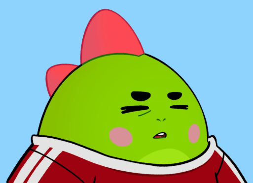 A cartoon green dinosaur character wearing a red bow on its head and a red tracksuit jacket with white stripes.
