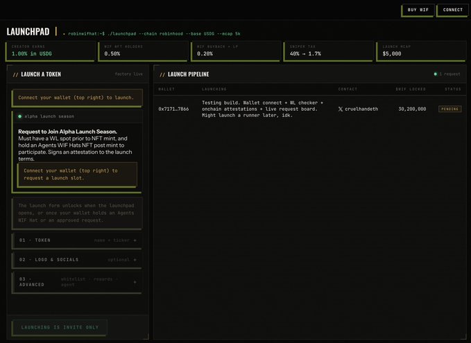 The image shows the WIF Launchpad interface displaying key metrics including Creator Earnings (1.00x in USDG), Buy/Sell holders (0.50%), Snipe tax (40% - 1.7%), and a Launch MCAP of $5,000, alongside a launch pipeline showing a pending request for the $crwlehandeth contract with a $30,200,000 buy locked. The interface's "LAUNCHING IS INVITE ONLY" status and "Request to Join Alpha Launch Season" message relate to the post's call for application submissions to Wif@robinwifhat.com for review.