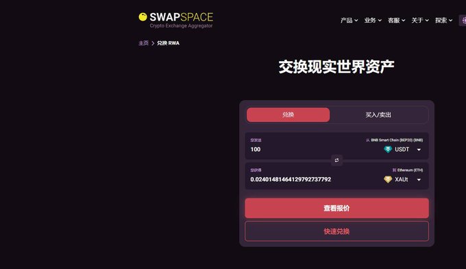 Screenshot of SwapSpace website showing a crypto exchange interface for swapping real-world assets, with USDT to XAUI (Ethereum) conversion.