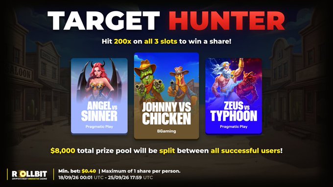 Rollbit promotional banner for a 'TARGET HUNTER' tournament featuring slots 'Angel vs Sinner' and 'Zeus vs Typhoon' by Pragmatic Play, and 'Johnny vs Chicken' by BGaming, with an $8,000 prize pool.