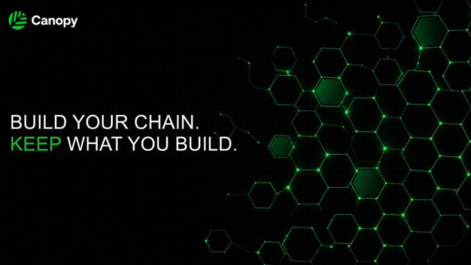 A dark promotional graphic for Canopy featuring a green hexagonal network design and the tagline 'BUILD YOUR CHAIN. KEEP WHAT YOU BUILD.'