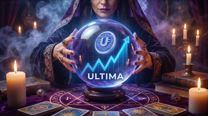 A mystic figure peers into a glowing crystal ball displaying an upward blue trend chart and the word "ULTIMA," surrounded by candles, tarot cards, and mystical symbols—evoking the divination of crypto fortunes and the global, almost "magical" reach of the ULTIMA community across 120+ countries.