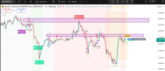 A ZecUSD trading chart on Binance showing the Zcash/TetherUS perpetual contract with candlestick patterns, trade signals including 'SELL', 'TP 1', 'BAN', 'RR mdo', 'M/A', 'WICK BUY', and 'CPA - 11H00 gain', priced around 1,228.92 USDT.