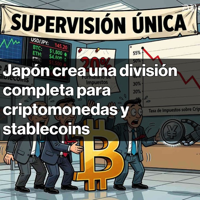 A Spanish-language cartoon illustration about cryptocurrency with the headline 'SUPERVISIÓN ÚNICA' and text overlay 'Japón crea una división completa para criptomonedas y stablecoins', featuring businessmen, a Bitcoin symbol, and a downward yen chart.