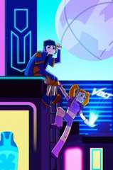 A stylized animated scene shows a blue-haired superhero-like figure in a dynamic action pose alongside a smaller blonde figure, set against a cyberpunk neon background featuring a glowing logo. The image appears to be a frame from the user's fan-made animated video project based on PoweredByVolt's branding, capturing the cinematic, high-energy aesthetic they describe.