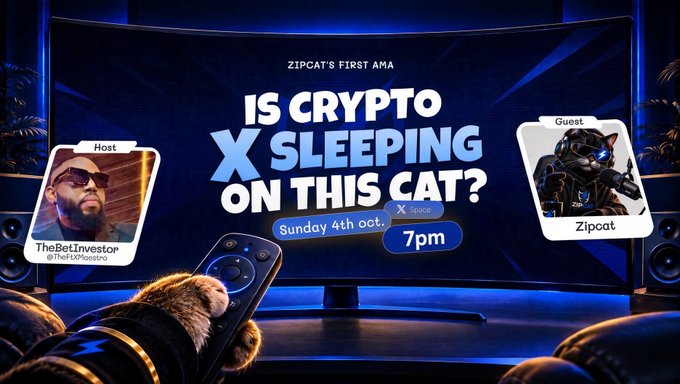 A promotional graphic for ZIPCAT'S FIRST AMA titled "IS CRYPTO SLEEPING ON THIS CAT?" featuring The Bot Investor (@TheXInvestor) as Host and Zipcat as Guest on Sunday 4th Oct, 7pm on X Space.