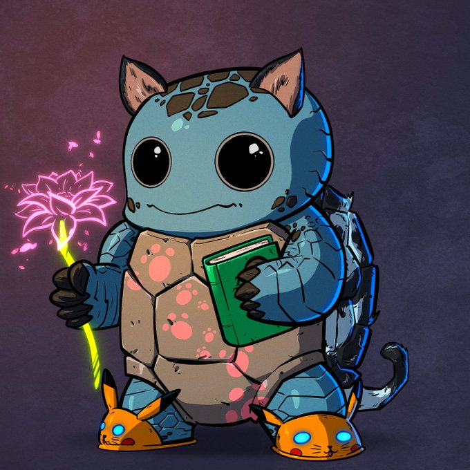 A cute cartoon-style illustration of a blue, big-eyed creature with horns, wearing a shell-like outfit and holding a glowing pink flower and a green book.