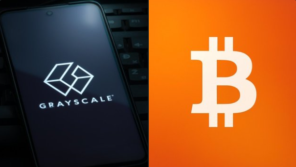 A smartphone displays the Grayscale logo alongside the Bitcoin symbol, visually representing the relationship between the asset manager and the cryptocurrency amid discussion of stalled U.S. legislation like the CLARITY Act and Bitcoin's strong on-chain fundamentals including rising hash rates and stablecoin volumes.