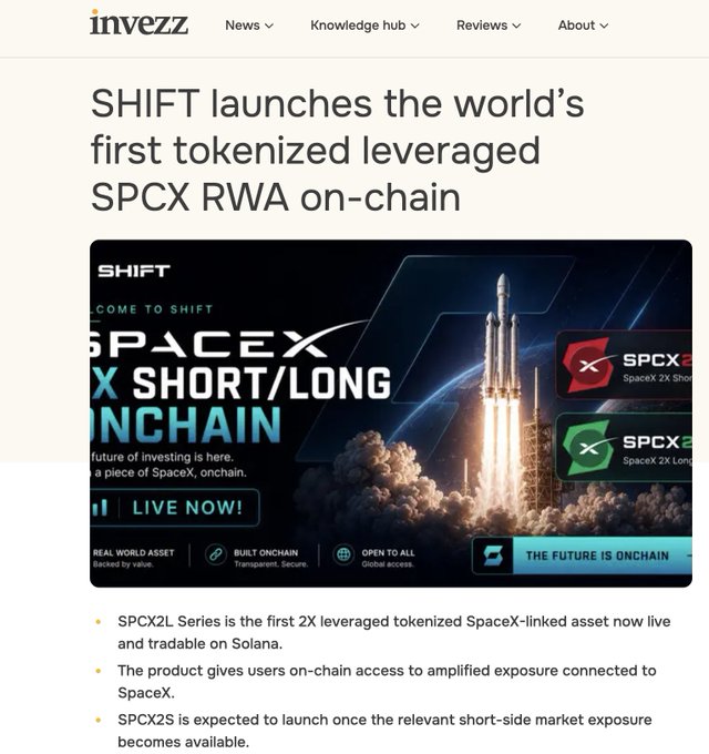 The image features an email advertisement for the launch of the SPCX2L Series, which is the world's first tokenized leveraged SPCX RWA on-chain. The email includes a link to the website where more information about the series can be found. The text in the email highlights that this series is expected to reach a broader audience and mentions that it has already been covered by Invezz, an online news platform.