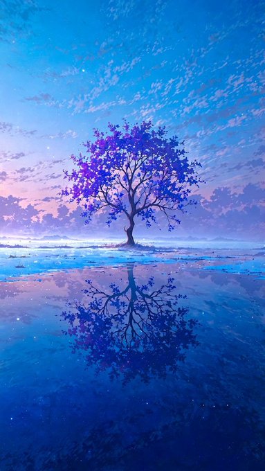 An anime-style illustration of a tree with purple and blue leaves standing on a small island, perfectly reflected in the calm water below under a starry twilight sky.