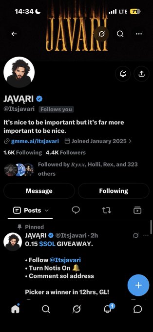 A Twitter/X profile page for JAVARI (@Itsjavari) displaying a bio that reads "It's nice to be important but it's far more important to be nice." along with a pinned post announcing a $SOL giveaway.
