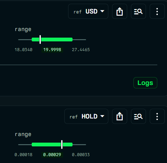 A dark-themed financial app interface displays two range sliders: the top one for USD with a selected range of 19.9998 (between 18.0340 and 27.4465), and the bottom one for HOLD with a selected value of 0.00029 (between 0.00018 and 0.00033).