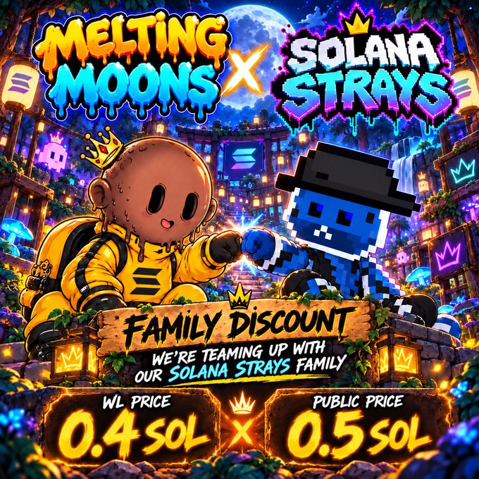 A colorful promotional graphic for "MELTING MOONS x SOLANA STRAYS" announcing a "FAMILY DISCOUNT" with a WL PRICE of 0.4 SOL and a PUBLIC PRICE of 0.5 SOL.