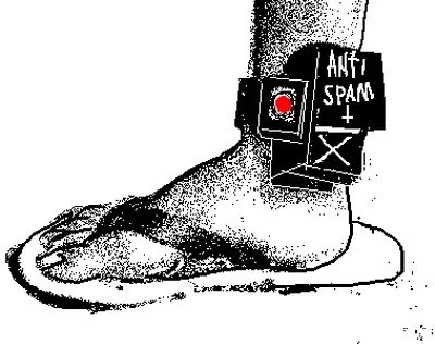 A black and white illustration of a foot and ankle wearing an electronic device labeled 'ANTI-SPAM'.