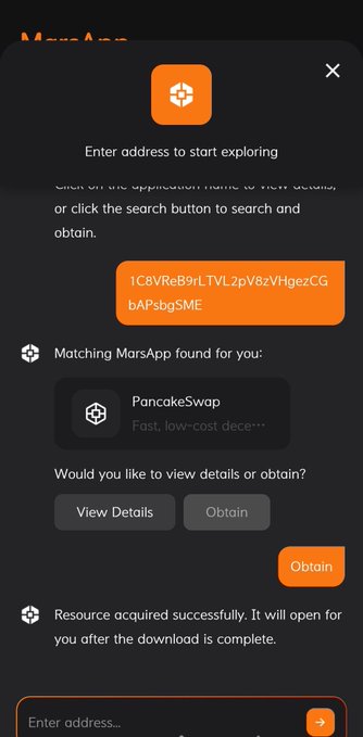 A MarsApp interface screenshot showing a crypto contract address (1C8VReB9rLTVL2pV8zVHgezCGbAPsbgSME) being searched, with PancakeSwap identified and an option to obtain the resource.