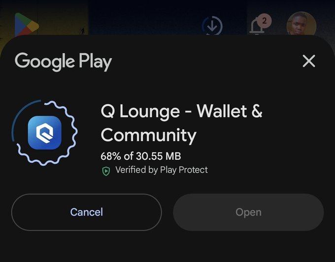 A Google Play store installation prompt for the app 'Q Lounge - Wallet & Community', showing 68% of 30.55 MB downloaded and verified by Play Protect, with Cancel and Open buttons.