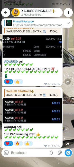 Telegram channel 'XAUUSD SINGNALS' showing a pinned message and trade alerts for XAU/USD sell entries with successful TP-4 hits and 160+ PIPS.