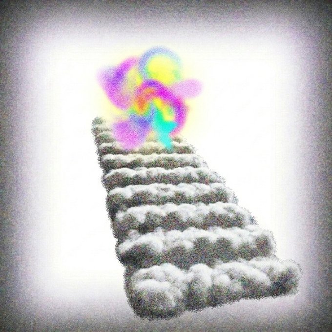 Surreal digital artwork of a stone stairway leading up to a glowing, multicolored nebula-like swirl on a bright white background.