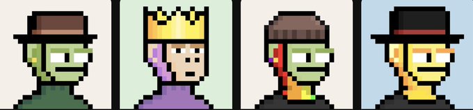 Four pixel art character portraits displayed side-by-side, featuring a green zombie in a hat, a king with a crown, a green zombie with an earring, and a blonde character in a hat.