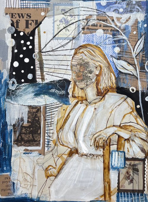 A mixed-media collage artwork featuring a sketched woman seated in a chair, composed with newspaper clippings, fabric swatches, and blue paint on a textured background.