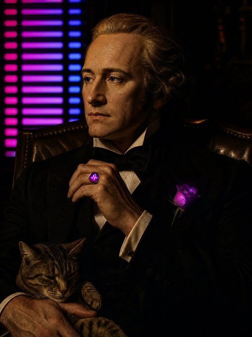 A distinguished man with graying hair in period attire sits in a leather chair holding a tabby cat, wearing a glowing purple ring and a purple rose boutonnière, with a background of purple and pink neon lights.