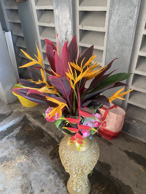 A decorative arrangement of tropical flowers, including heliconias and bird of paradise, sits in an ornate gold vase on a concrete floor.