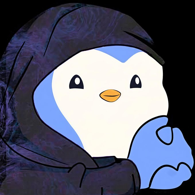 A cartoon illustration of a white penguin-like character with an orange beak, wearing a dark hooded cloak, holding a blue heart-shaped object.