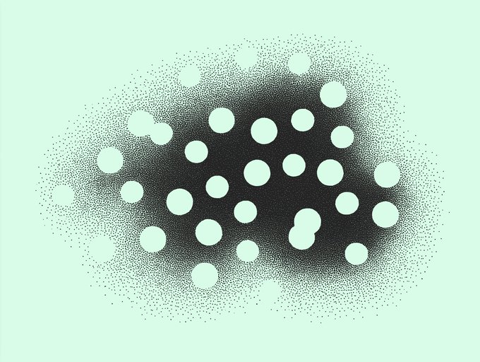 A stippled black-and-white abstract illustration with scattered light-green circles clustered in the center against a pale green background.