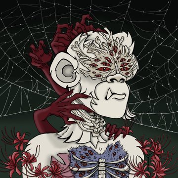 A stylized illustration of a white spider-like humanoid creature with multiple red eyes surrounded by spider webs and red flowers.