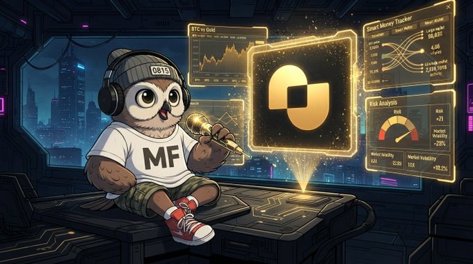 An adorable cartoon owl wearing a beanie marked "0815" and a shirt labeled "MF" sits in a cyberpunk setting, holding a glowing golden pen and surrounded by holographic financial dashboards displaying "BTC vs Gold" charts, a "Smart Money Tracker," and a "Risk Analysis" panel with various market metrics. The image visualizes the post's message about Quantio's intuitive interface, showing how the platform transforms complex trading data into accessible, intention-driven research flows rather than overwhelming users with raw settings screens.
